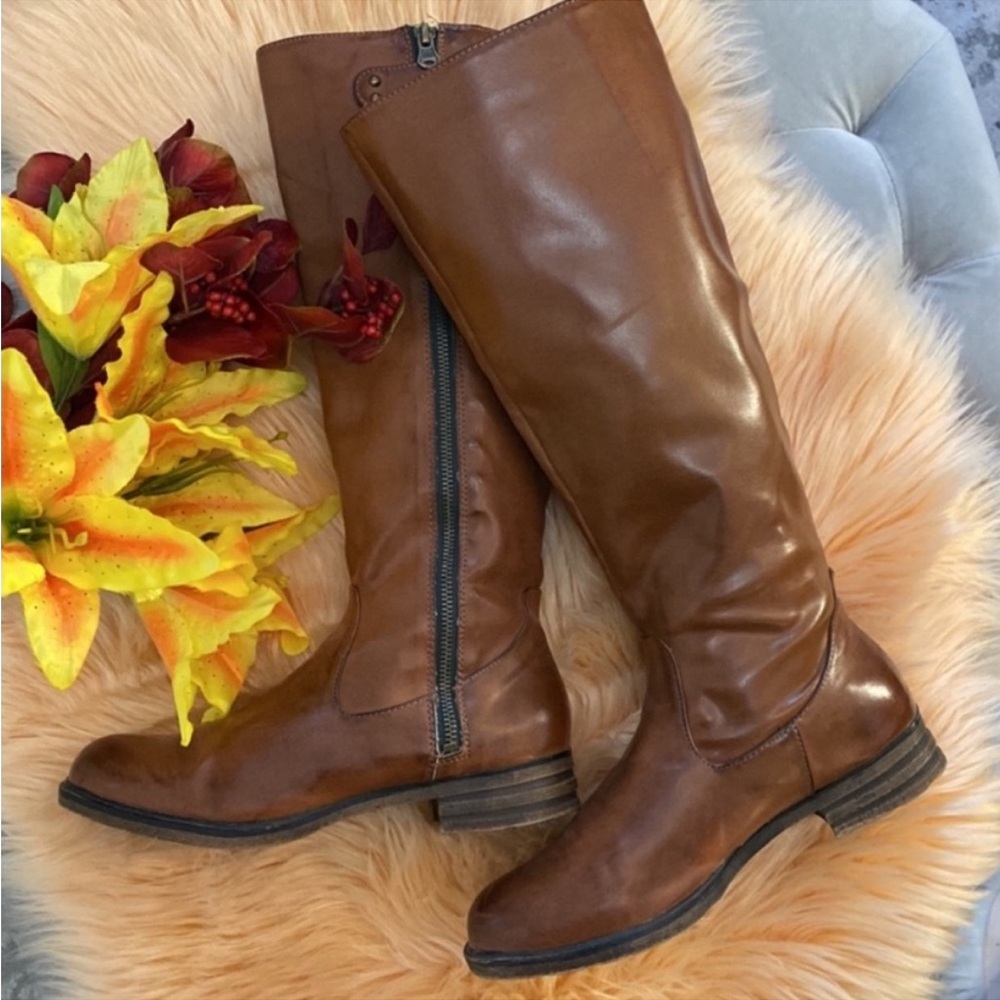 🔥MIA Riding Knee Boots Brown & Hunter Green Accent Bronzed Zipper Sz 8.5